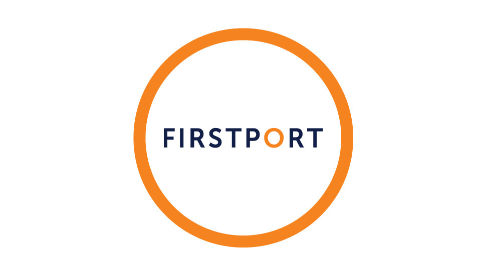An orange circle with Firstport through the middle in blue  